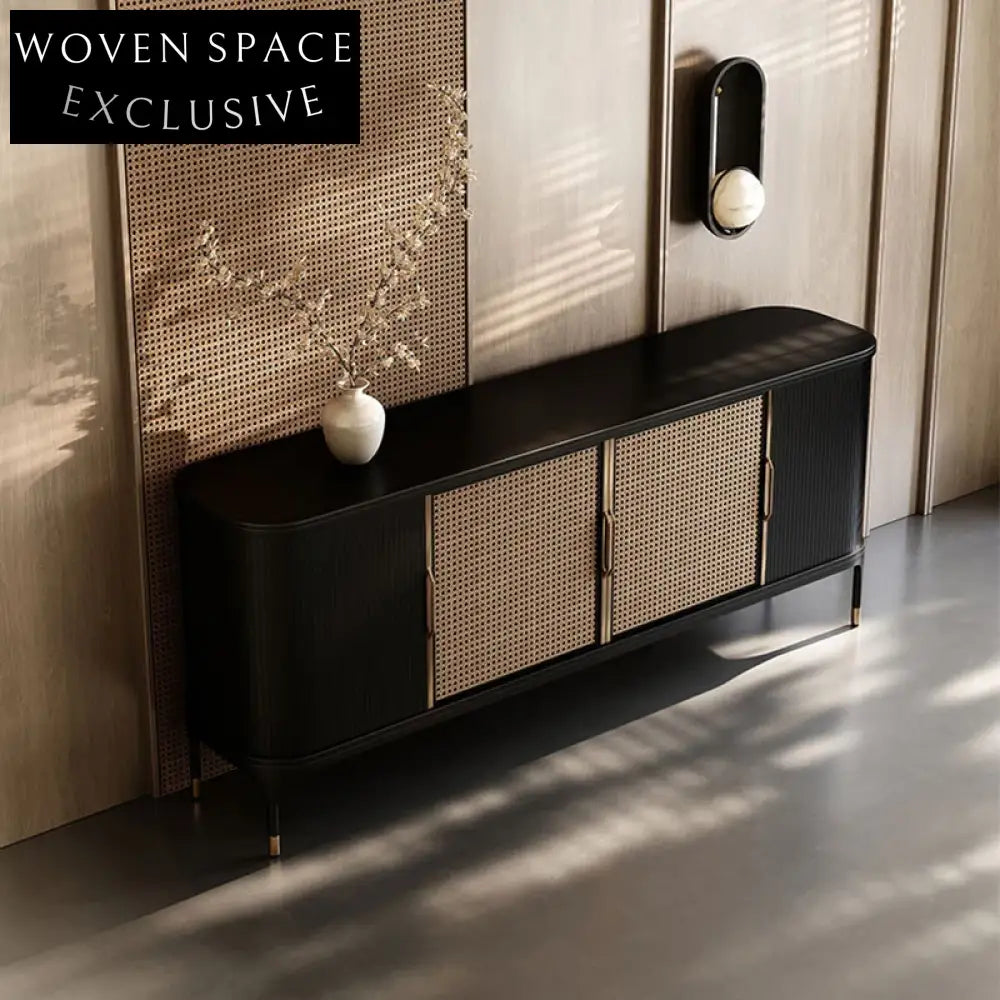 Elegant Solid Ash Wood Rattan 4-Door Storage Console Cabinet