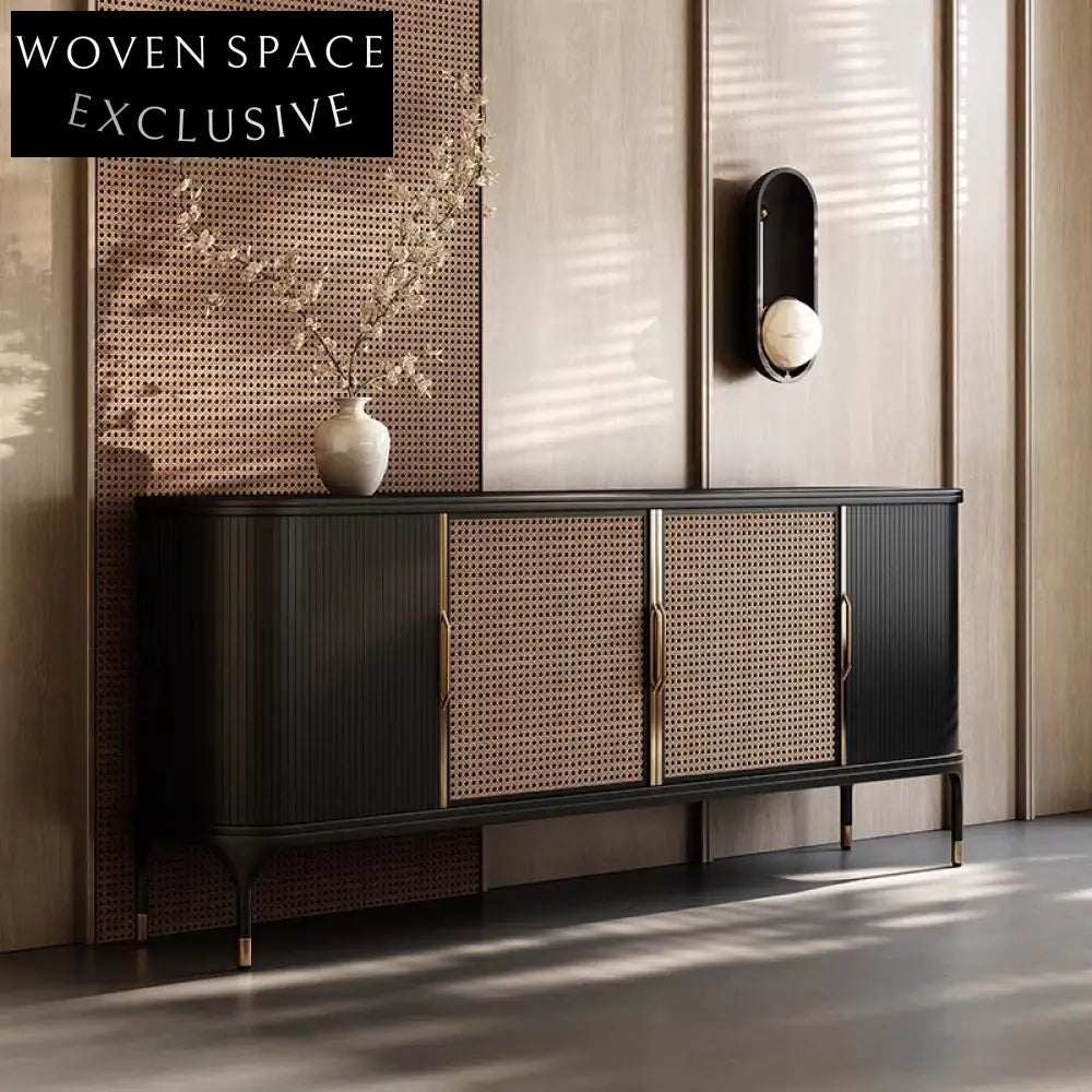 Elegant Solid Ash Wood Rattan 4-Door Storage Console Cabinet