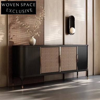 Elegant Solid Ash Wood Rattan 4-Door Storage Console Cabinet