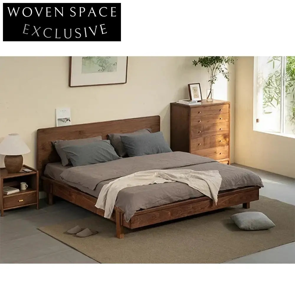 Elegant Solid Elm Wood Wabi Sabi Minimalist Bedroom Bed