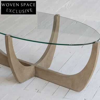 Elegant Oak Japandi Wabi-Sabi Coffee Table with Tempered Glass Top