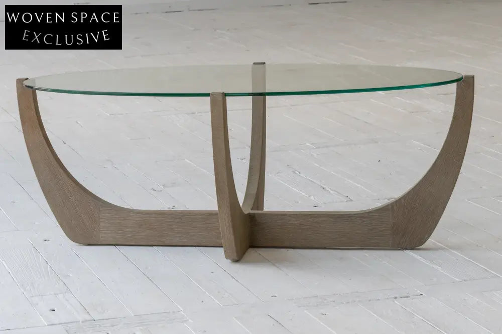 Elegant Oak Japandi Wabi-Sabi Coffee Table with Tempered Glass Top