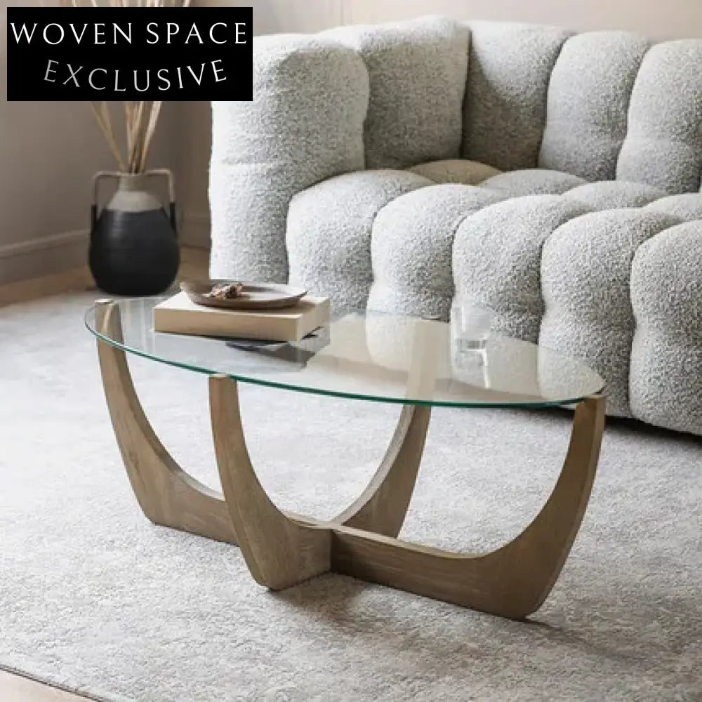 Elegant Oak Japandi Wabi-Sabi Coffee Table with Tempered Glass Top