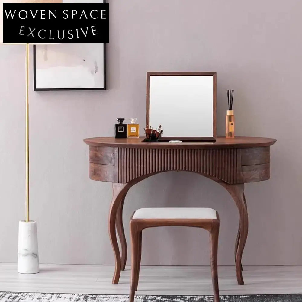 Elegant Solid Walnut Wood Bedroom Vanity with Mirror and Drawers Dresser