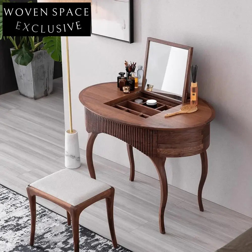 Elegant Solid Walnut Wood Bedroom Vanity with Mirror and Drawers Dresser