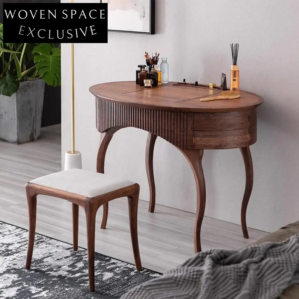 Elegant Solid Walnut Wood Bedroom Vanity with Mirror and Drawers Dresser