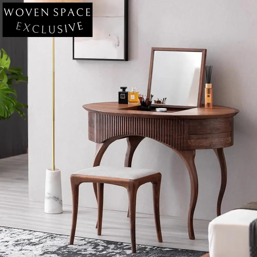 Elegant Solid Walnut Wood Bedroom Vanity with Mirror and Drawers Dresser