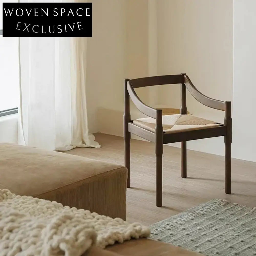 Elegant Solid Wood Handwoven Paper Rope Armrest Dining Chair