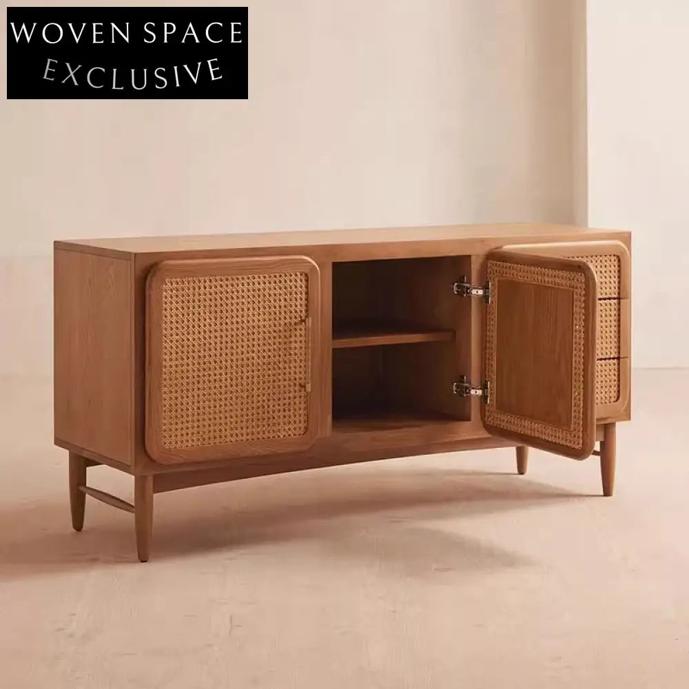 Elegant Solid Wood Rattan Console Cabinet with Two Doors, Drawer