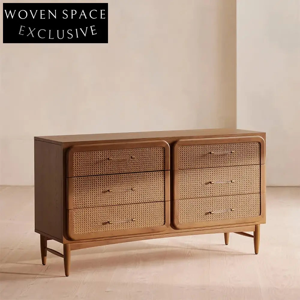 Elegant Solid Wood Rattan Console Cabinet with Two Doors, Drawer