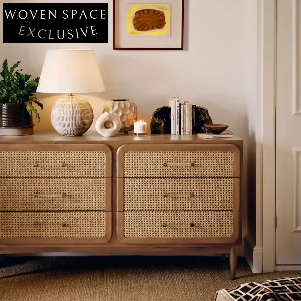 Elegant Solid Wood Rattan Console Cabinet with Two Doors, Drawer