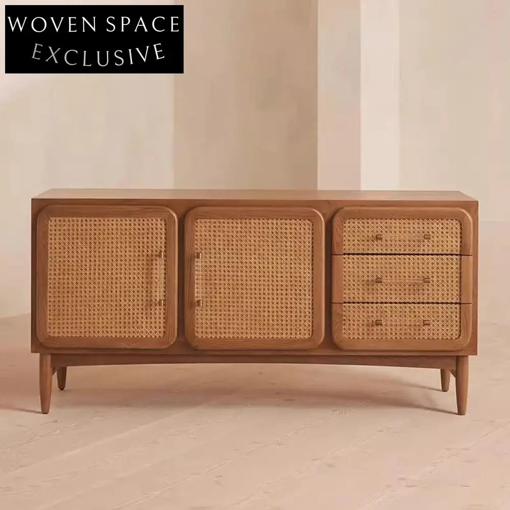 Elegant Solid Wood Rattan Console Cabinet with Two Doors, Drawer