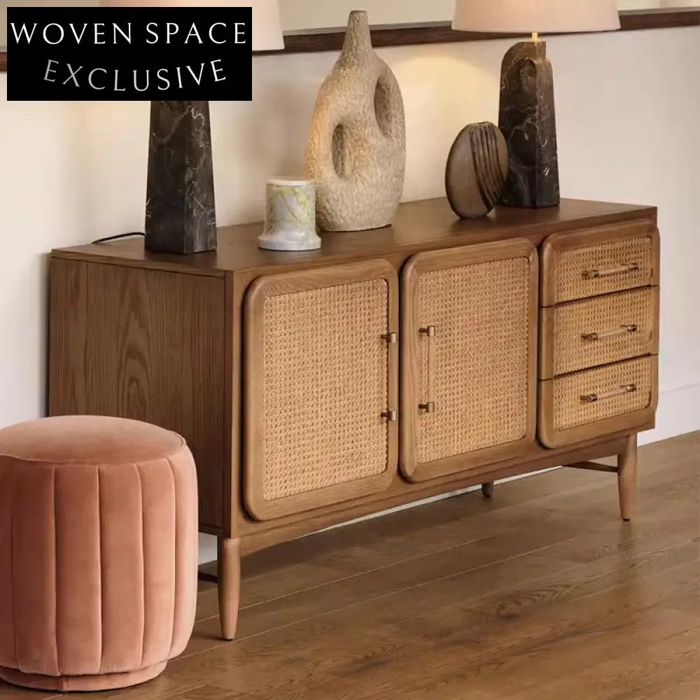 Elegant Solid Wood Rattan Console Cabinet with Two Doors, Drawer