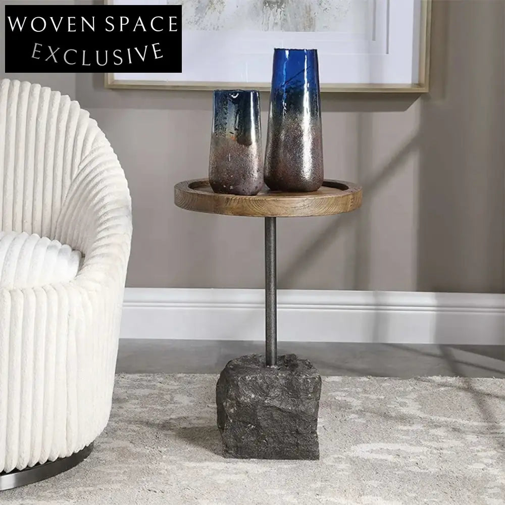 Elegant Solid Wood Round Center Coffee Table with Stone Base