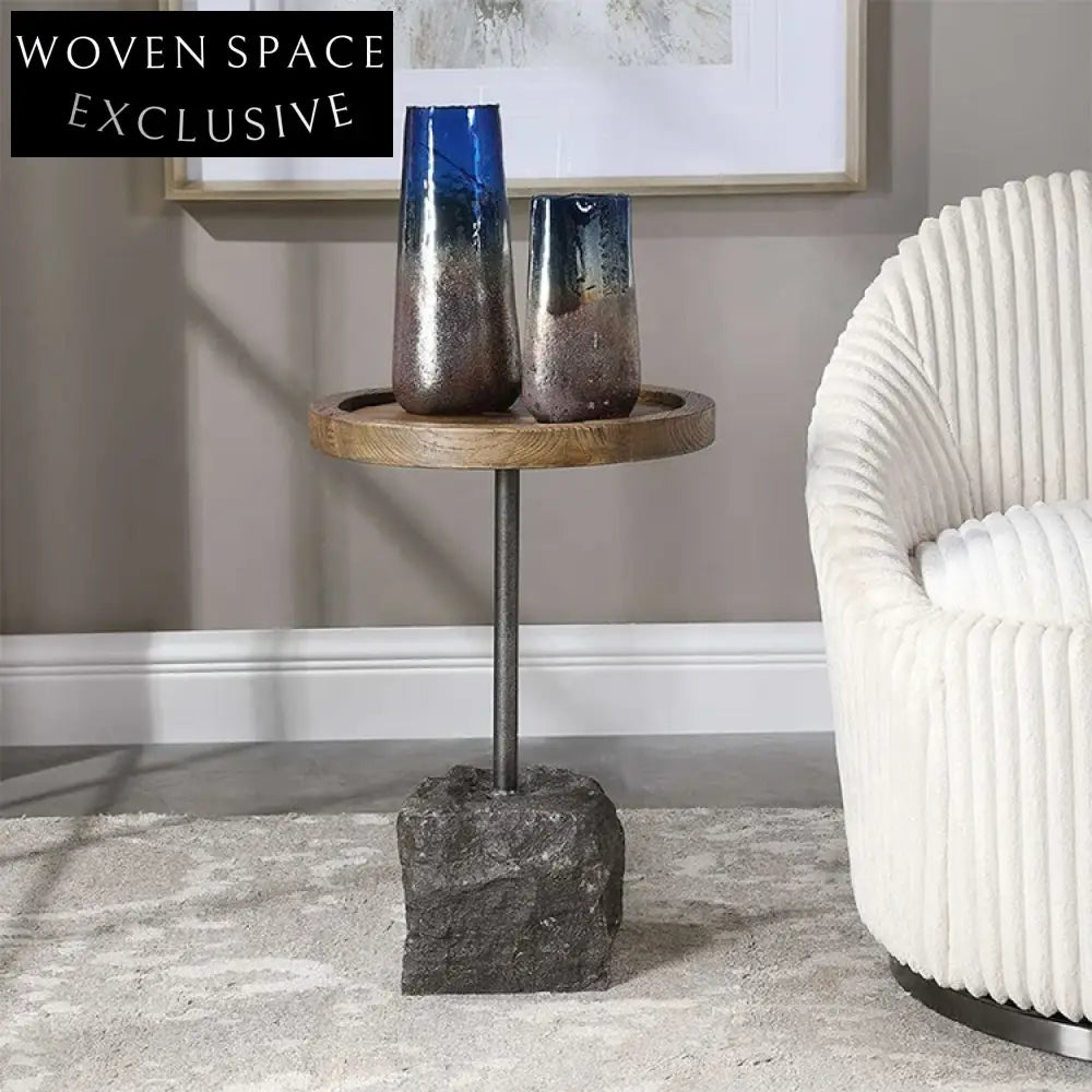 Elegant Solid Wood Round Center Coffee Table with Stone Base