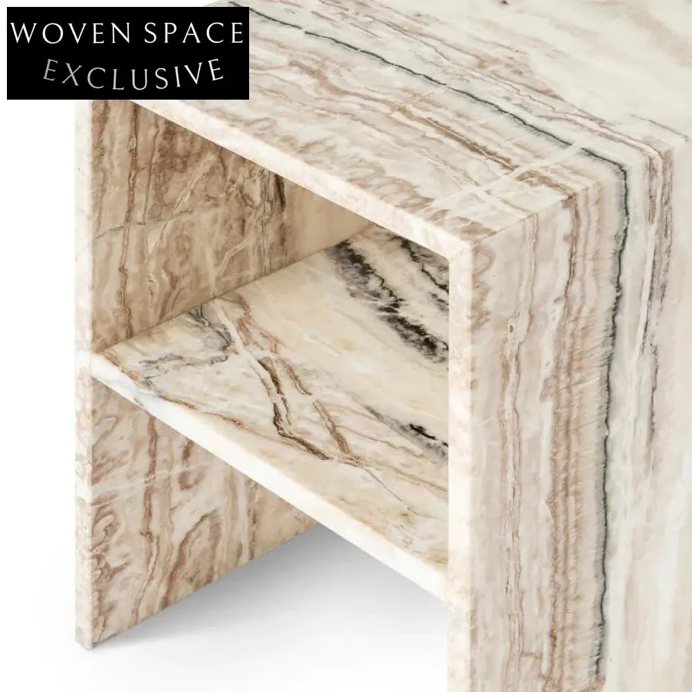 Elegant Square Marble Side Table with 2-Layer Shelving, Bedroom Nightstand