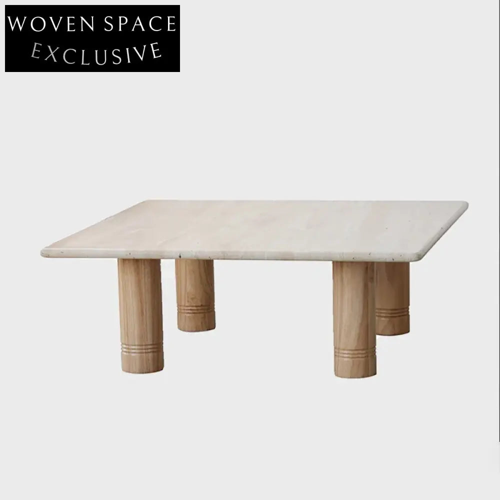 Elegant Square Natural Travertine Coffee Table with Solid Wood Legs for Living Room