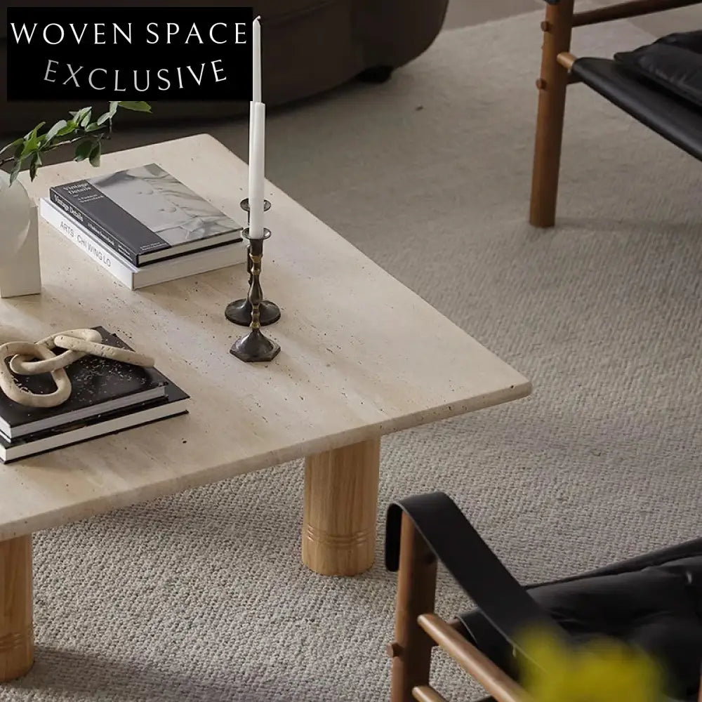 Elegant Square Natural Travertine Coffee Table with Solid Wood Legs for Living Room
