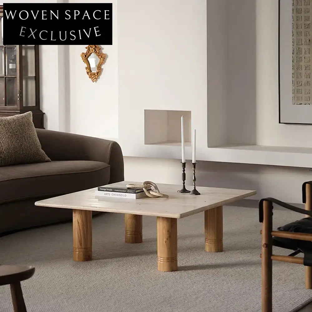 Elegant Square Natural Travertine Coffee Table with Solid Wood Legs for Living Room
