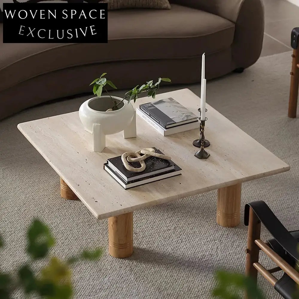 Elegant Square Natural Travertine Coffee Table with Solid Wood Legs for Living Room