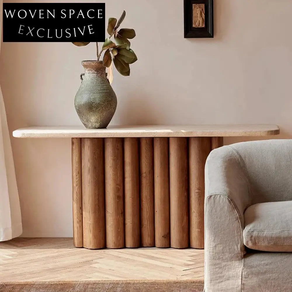 Elegant Travertine Marble Top Console Table with Sturdy Wood Base