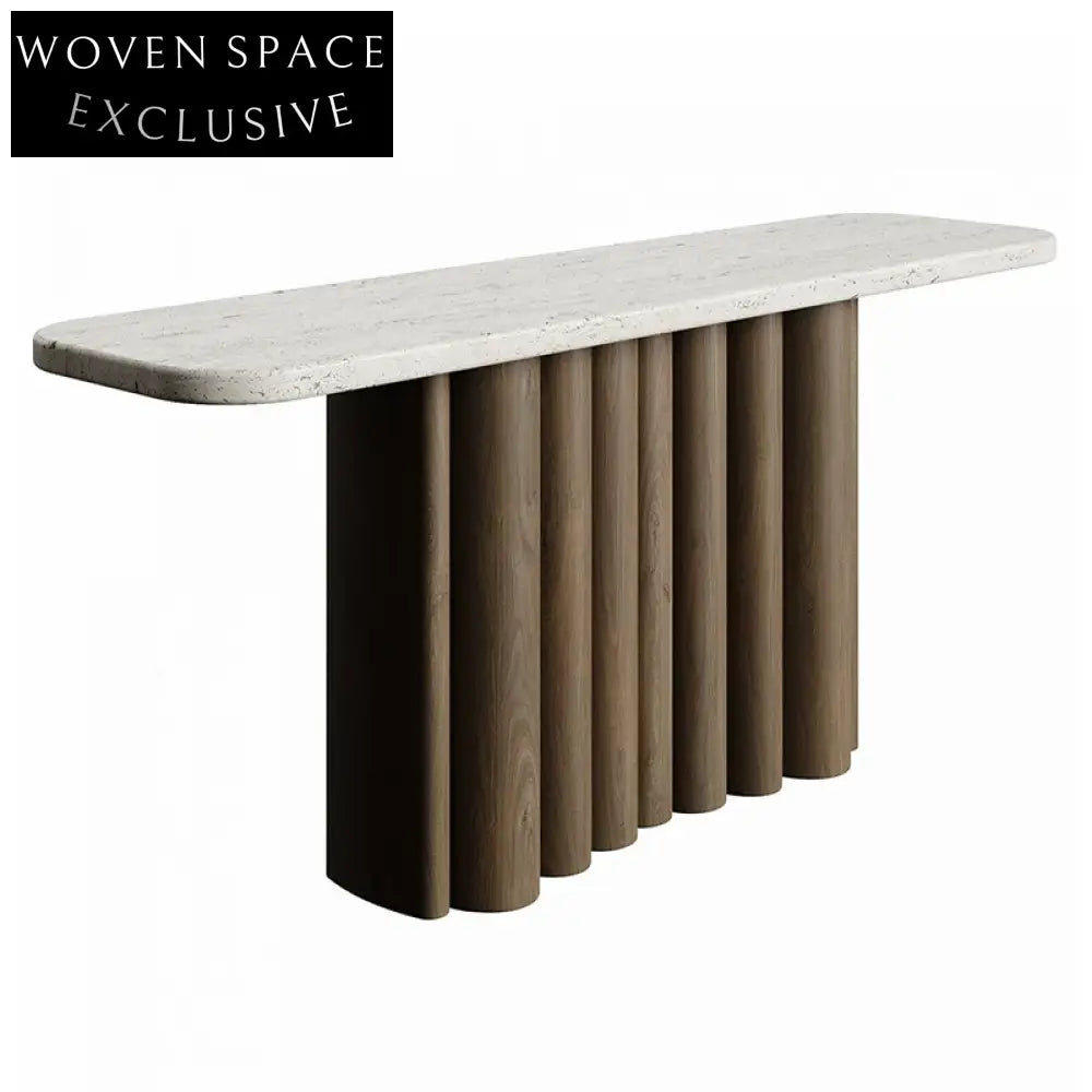 Elegant Travertine Marble Top Console Table with Sturdy Wood Base