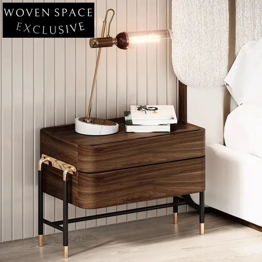 Elegant Two-Drawer Nightstand with Metal Legs, Solid Wood Finish Bedside Table