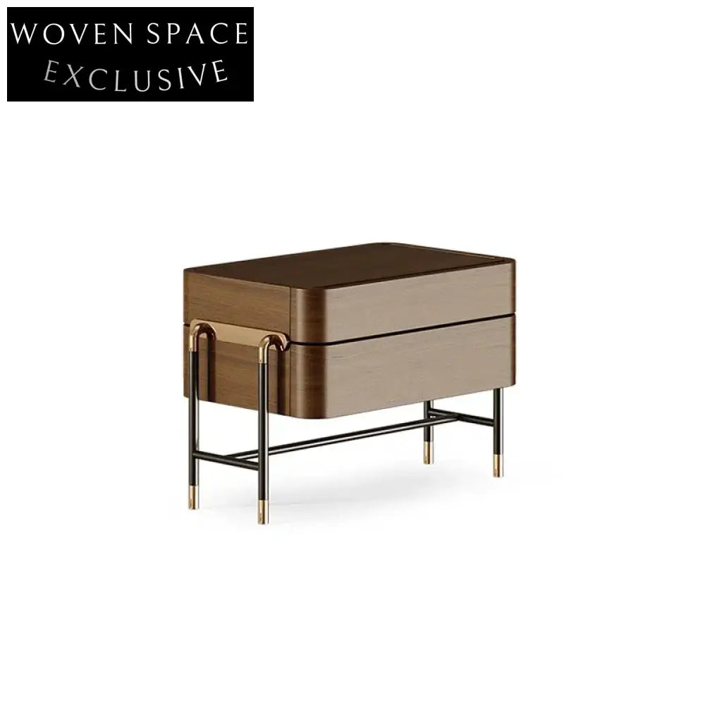 Elegant Two-Drawer Nightstand with Metal Legs, Solid Wood Finish Bedside Table
