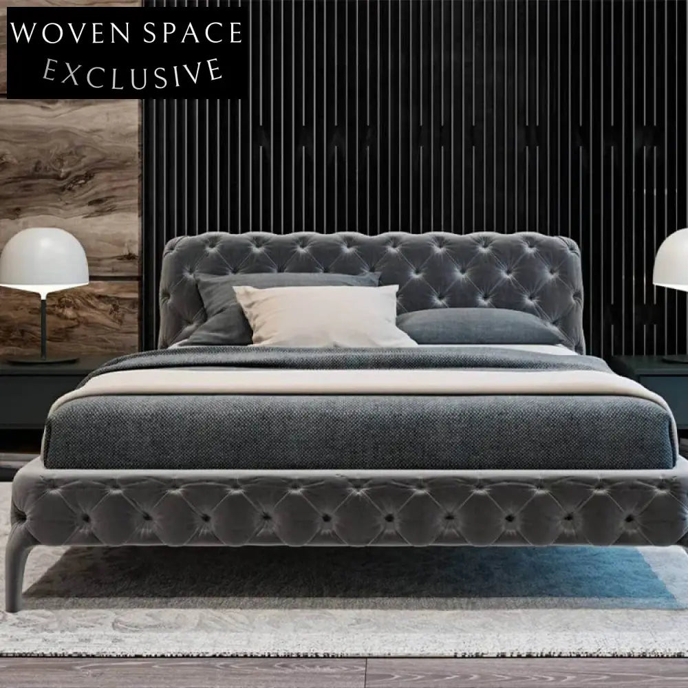 Elegant Upholstered Velvet Fabric Modern King Queen Size Platform Bed