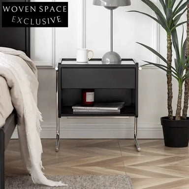 Elegant Vintage Black Wood Nightstand with Storage Drawer and Glass Top