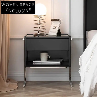 Elegant Vintage Black Wood Nightstand with Storage Drawer and Glass Top