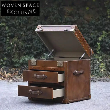 Elegant Vintage Brown Leather Pine Wood Bedside Nightstand with Storage Drawer