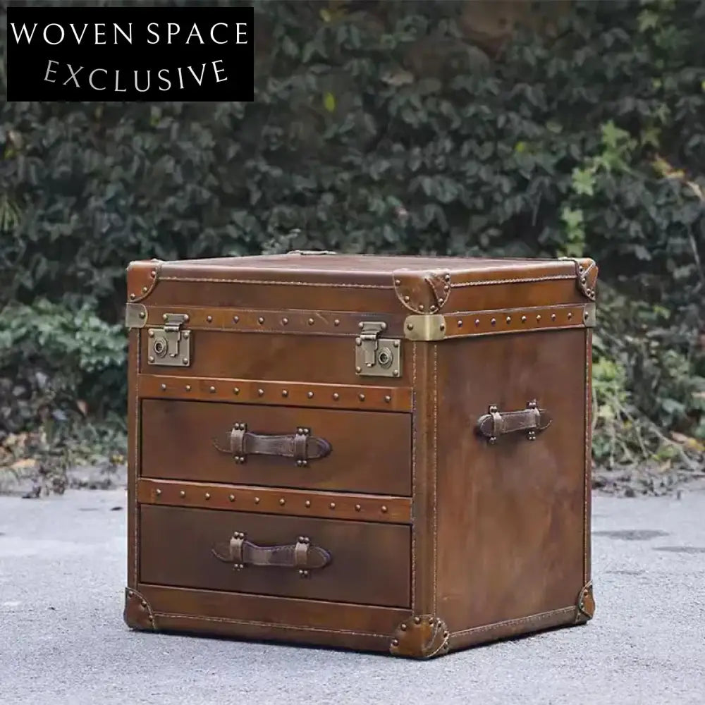 Elegant Vintage Brown Leather Pine Wood Bedside Nightstand with Storage Drawer