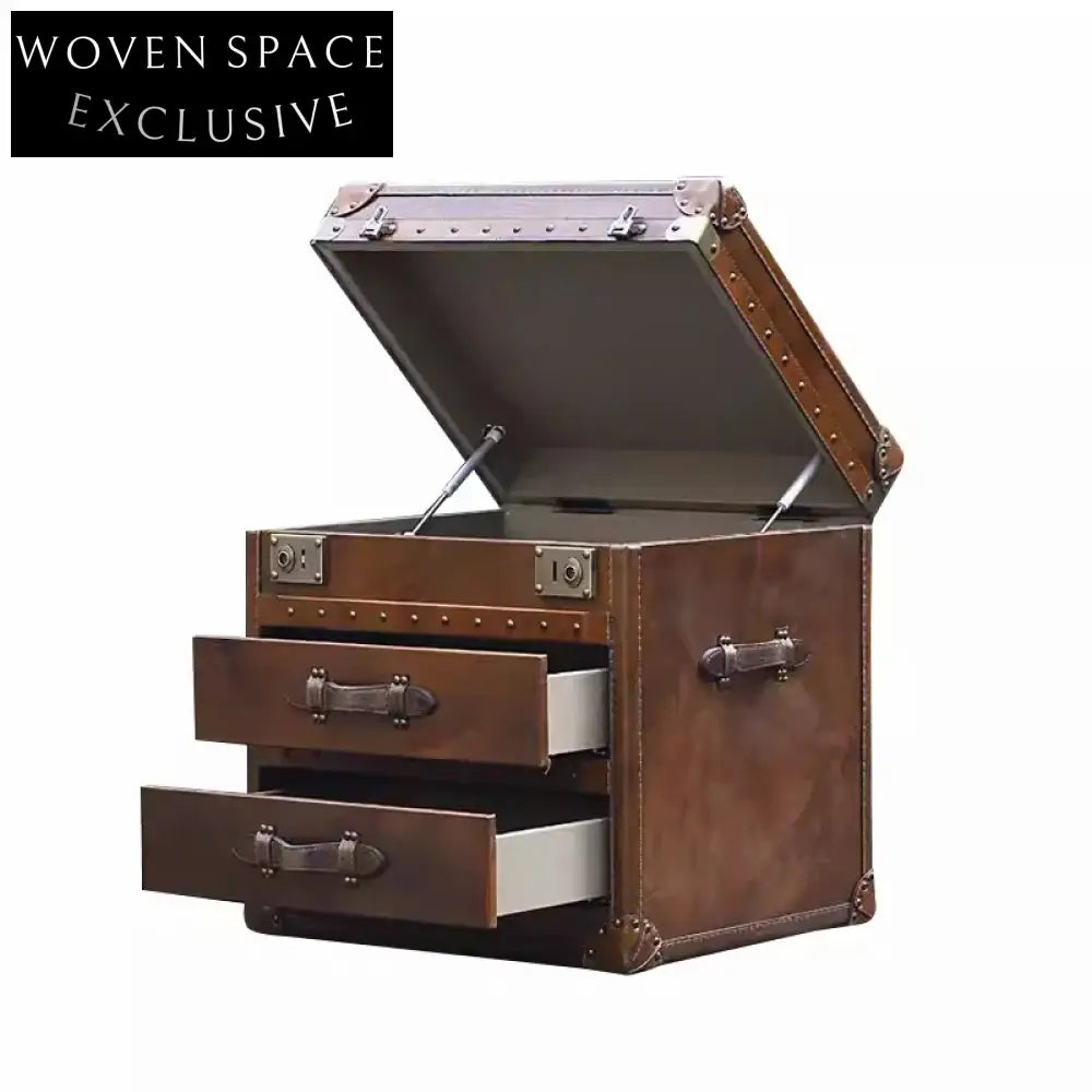 Elegant Vintage Brown Leather Pine Wood Bedside Nightstand with Storage Drawer