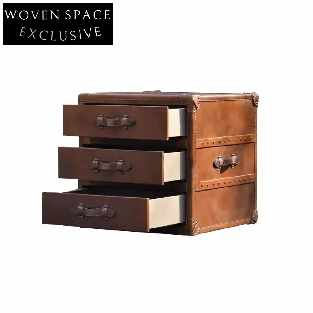 Elegant Vintage Brown Leather Pine Wood Bedside Nightstand with Storage Drawer