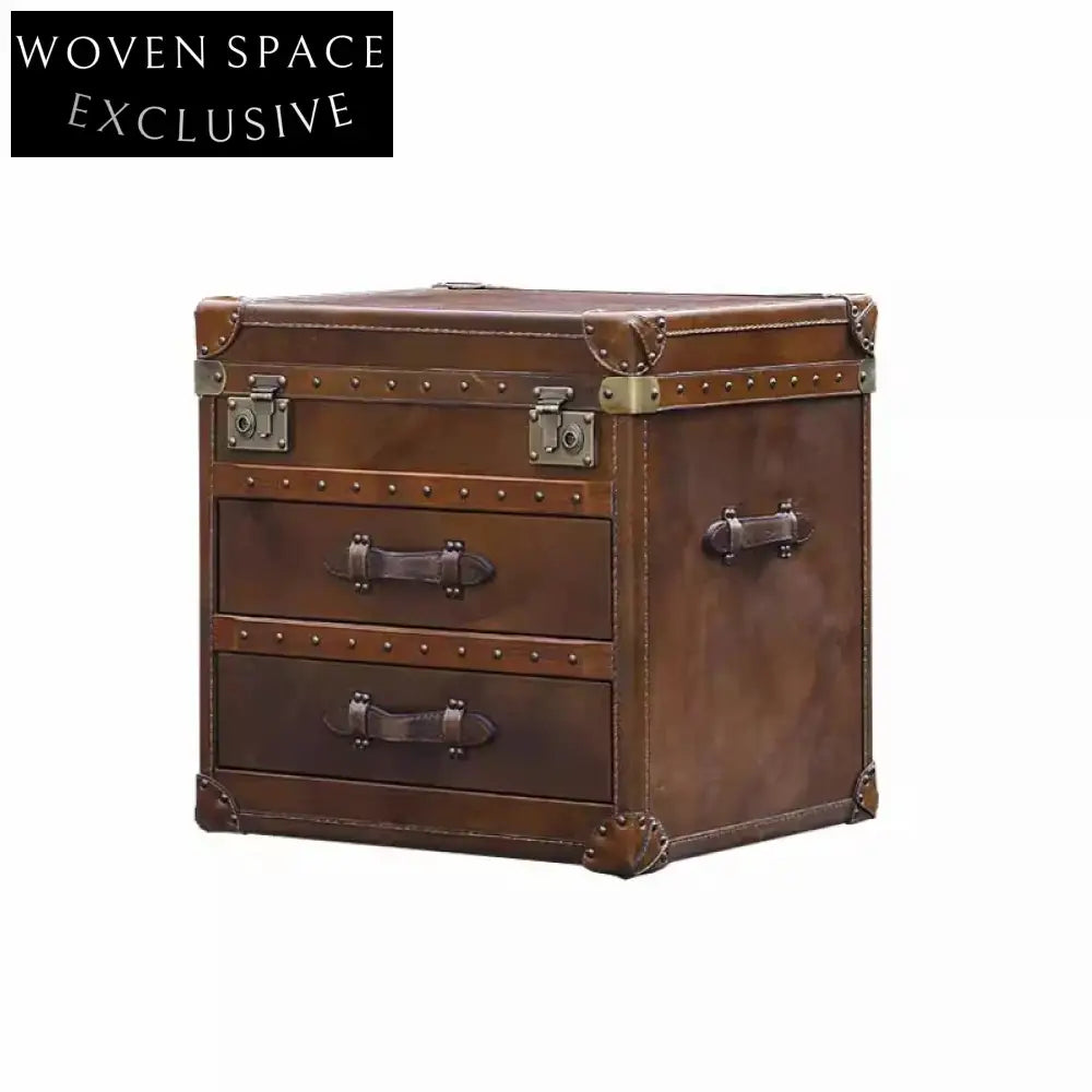 Elegant Vintage Brown Leather Pine Wood Bedside Nightstand with Storage Drawer