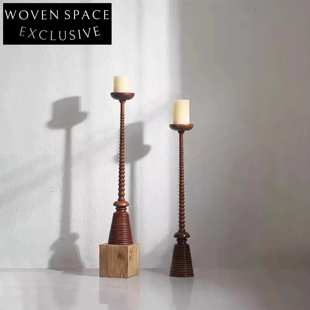 Elegant Vintage Wood Floor Pillar Candle Holder for Living Rooms