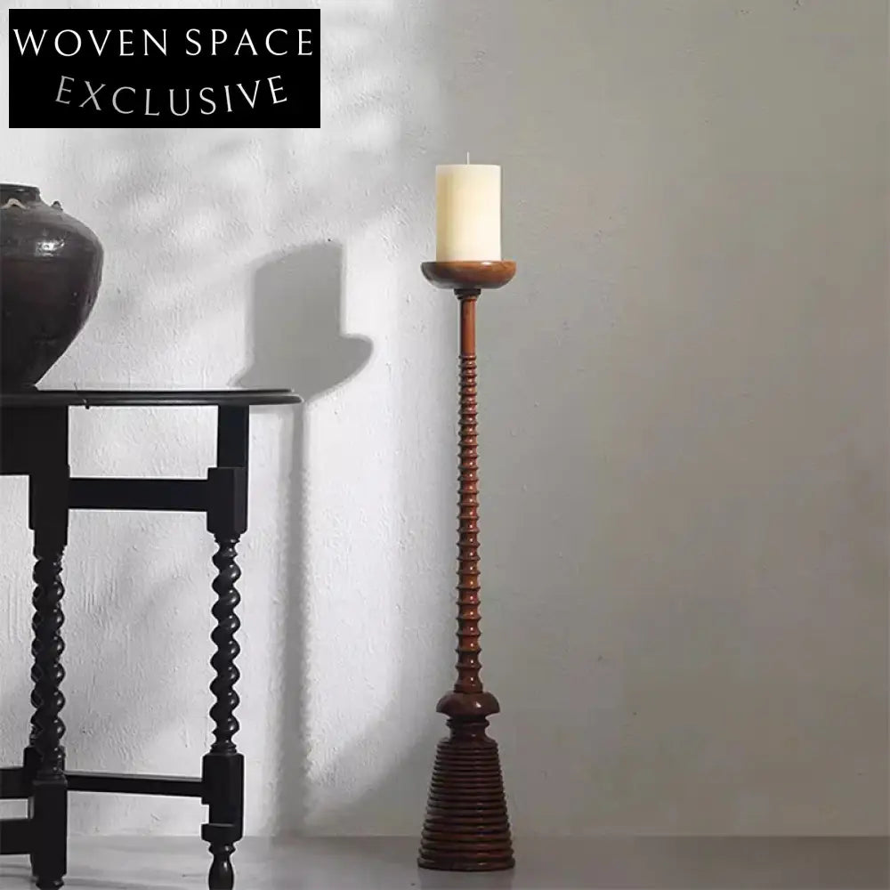 Elegant Vintage Wood Floor Pillar Candle Holder for Living Rooms