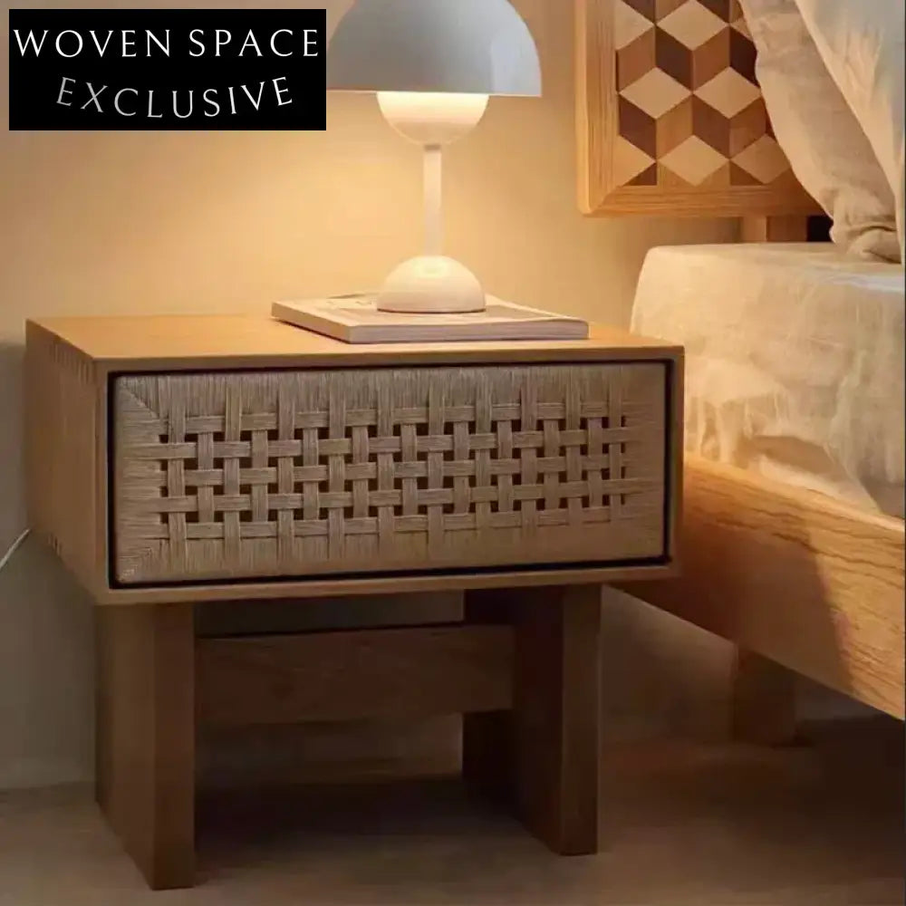 Elegant Wabi-sabi Ash Wood & Rope Nordic Bedside Table with Storage