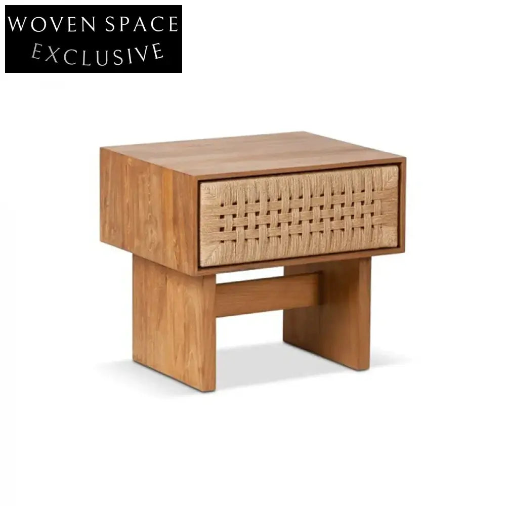 Elegant Wabi-sabi Ash Wood & Rope Nordic Bedside Table with Storage