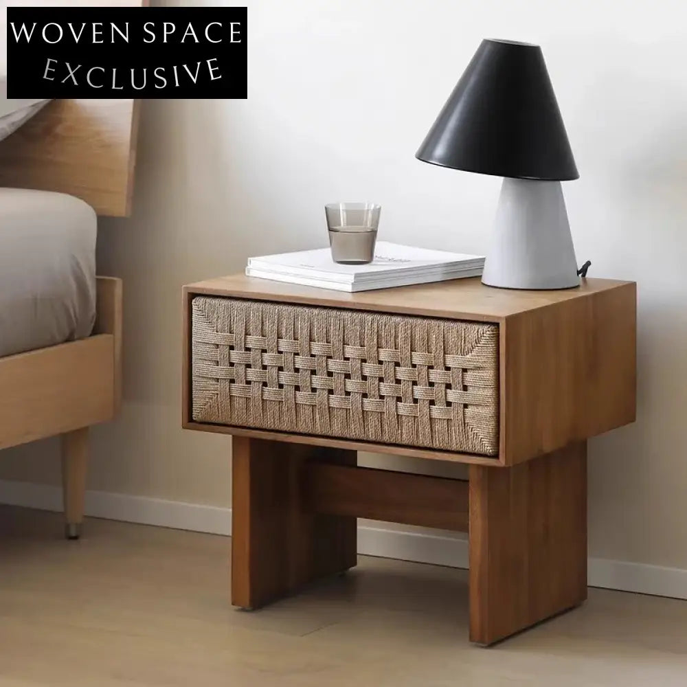 Elegant Wabi-sabi Ash Wood & Rope Nordic Bedside Table with Storage