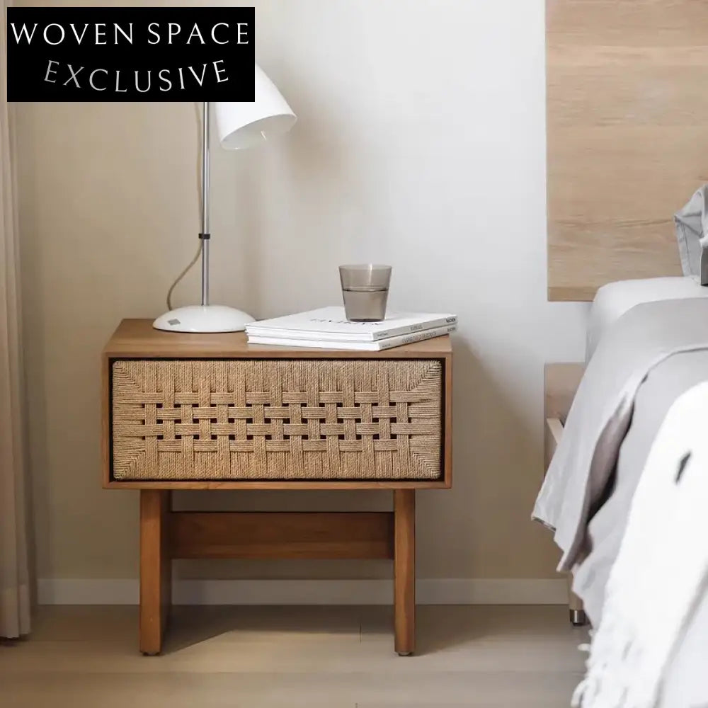 Elegant Wabi-sabi Ash Wood & Rope Nordic Bedside Table with Storage