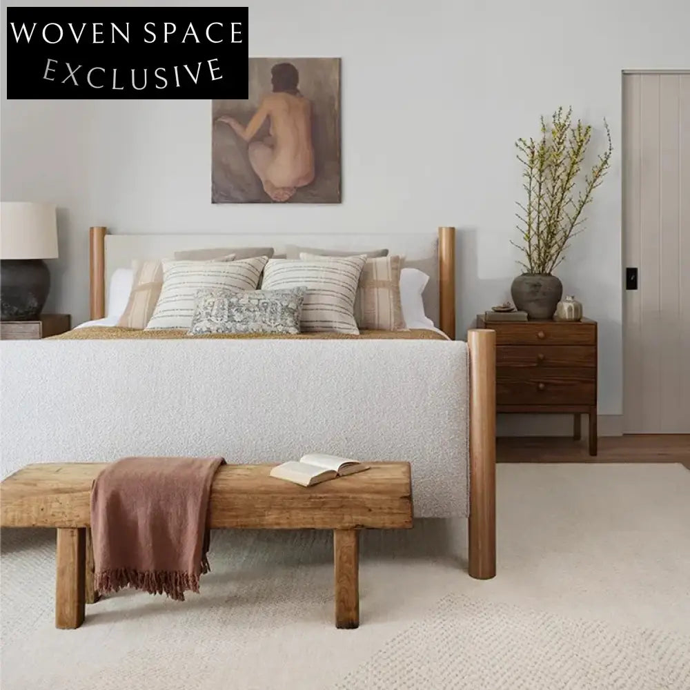 Elegant Wabi-Sabi Modern Luxury Queen King Bed with Fabric Leather Upholstery