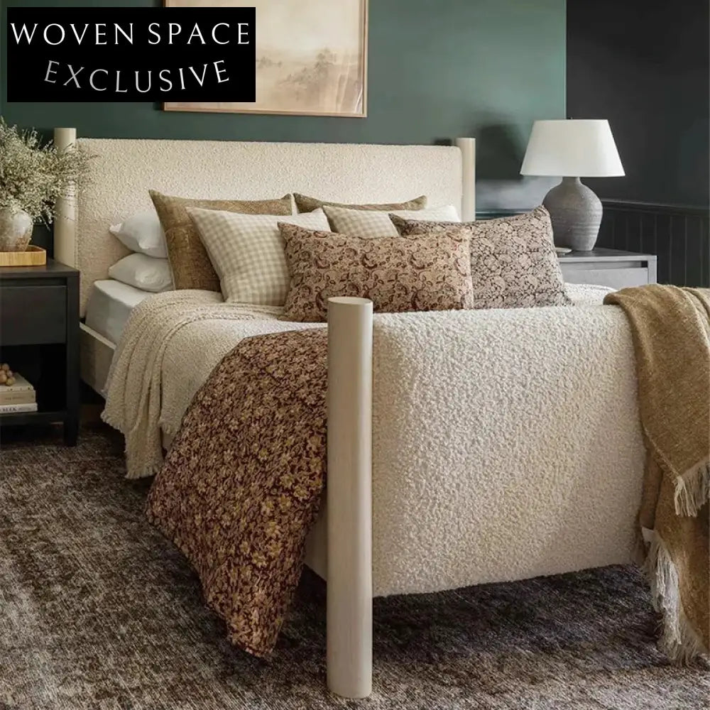 Elegant Wabi-Sabi Modern Luxury Queen King Bed with Fabric Leather Upholstery