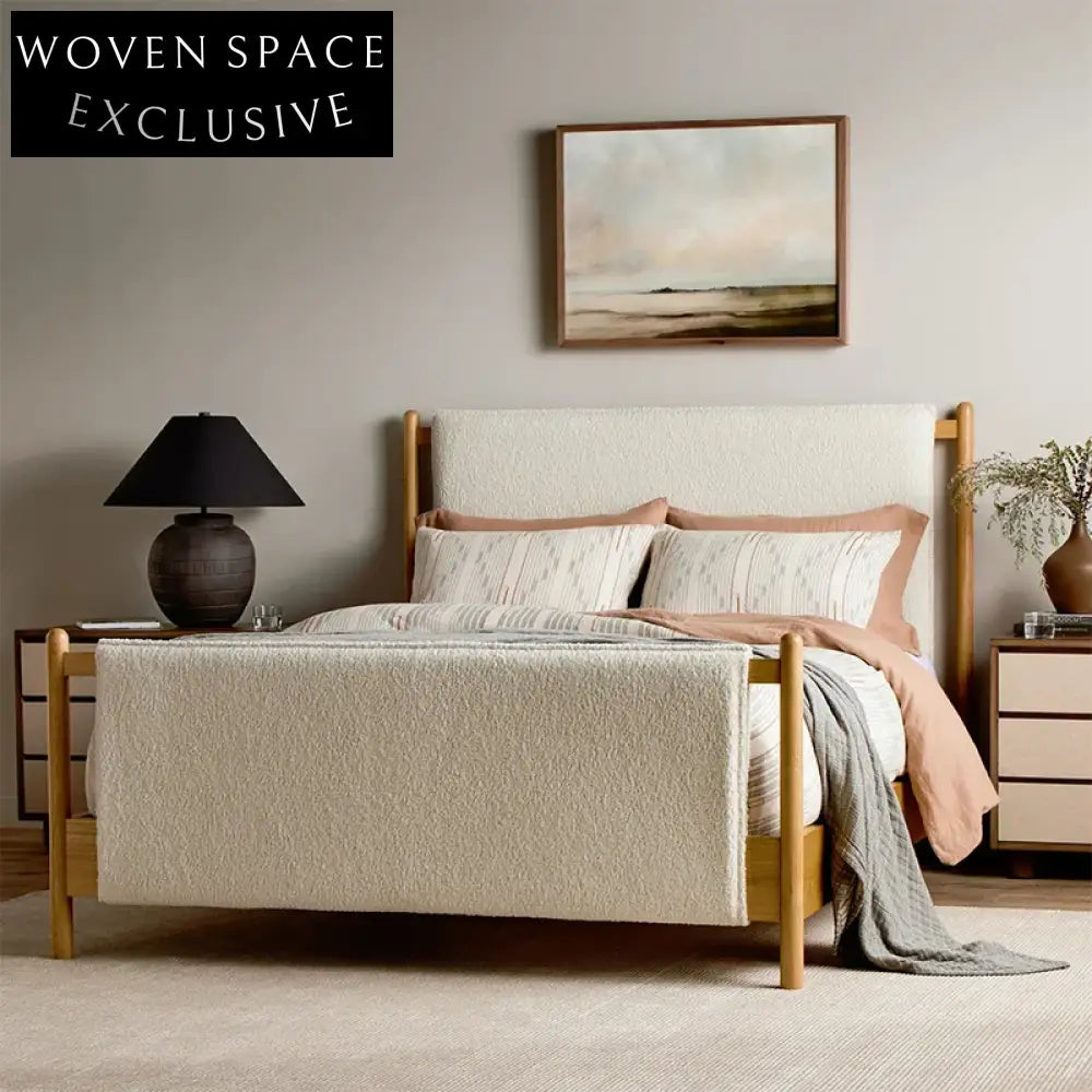 Elegant Wabi-Sabi Modern Luxury Queen King Bed with Fabric Leather Upholstery