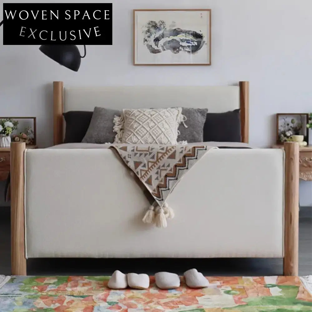 Elegant Wabi-Sabi Modern Luxury Queen King Bed with Fabric Leather Upholstery