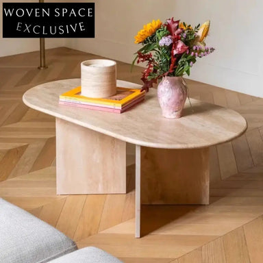Elegant Wabi Sabi Natural Travertine Stone Oval Coffee Table for Chic Living Rooms