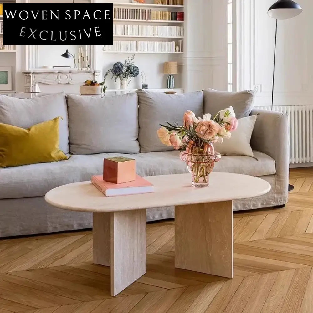 Elegant Wabi Sabi Natural Travertine Stone Oval Coffee Table for Chic Living Rooms