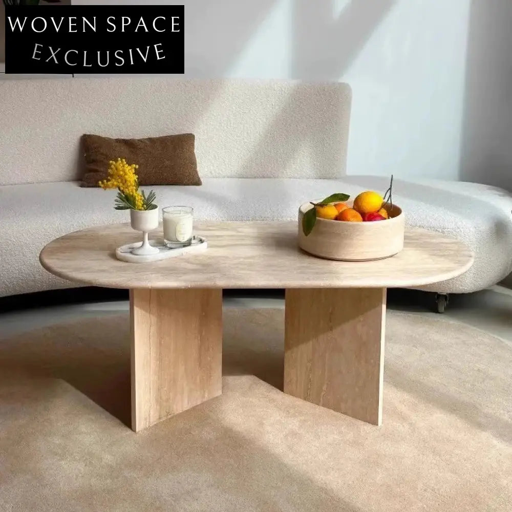 Elegant Wabi Sabi Natural Travertine Stone Oval Coffee Table for Chic Living Rooms