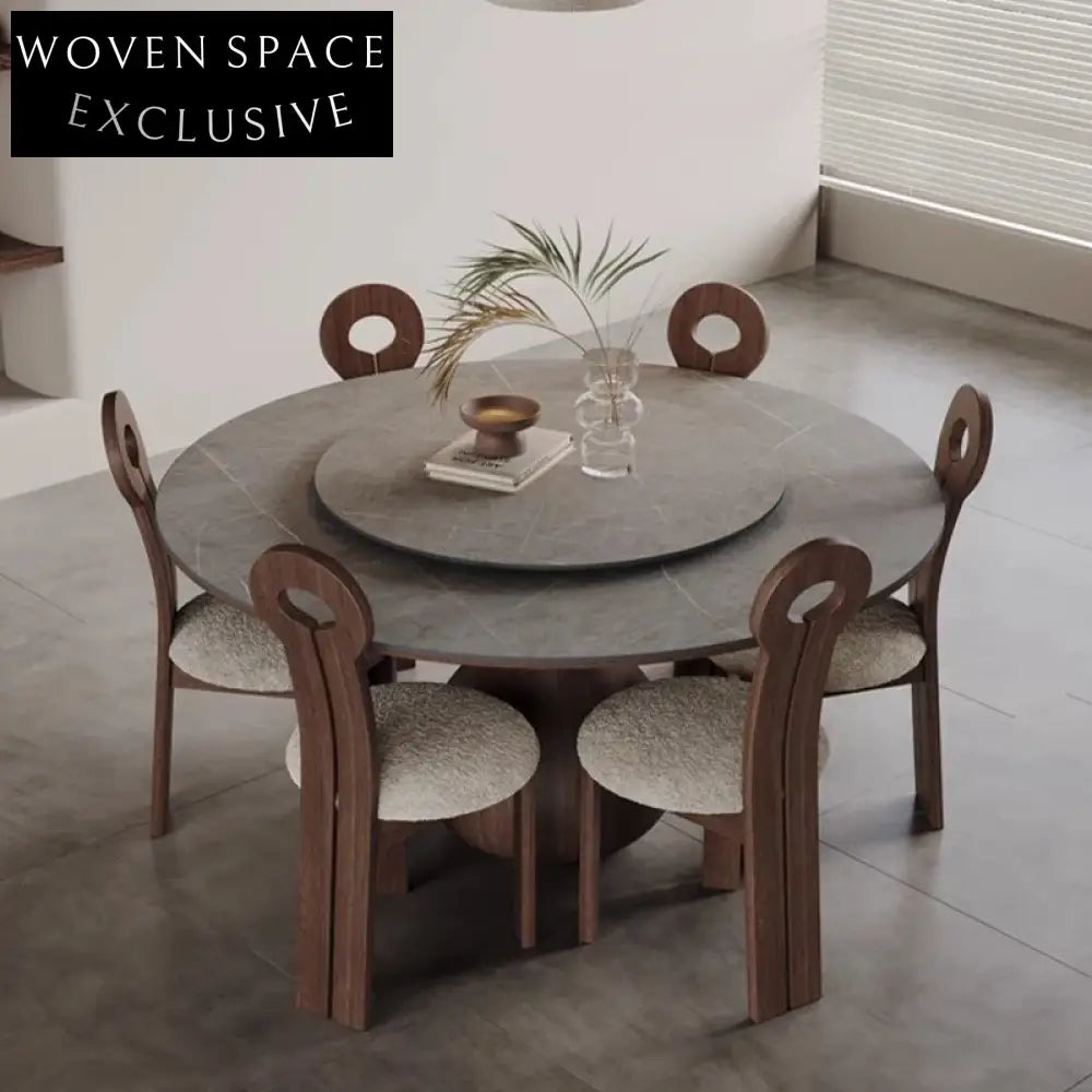 Elegant Wabi-Sabi Round Slate Top Ash Wood Dining Table